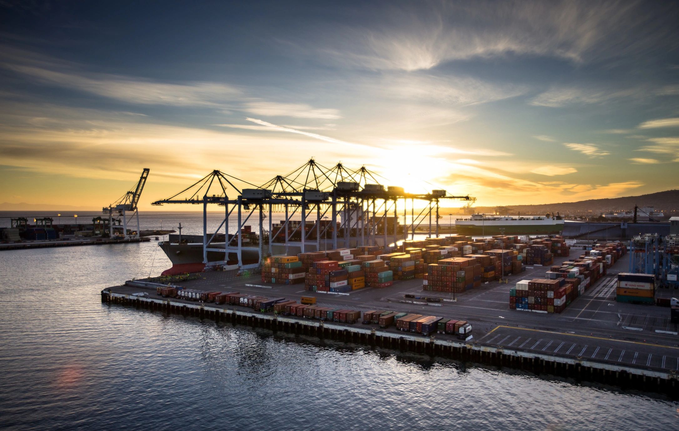 Container port operations supporting international freight and customs logistics